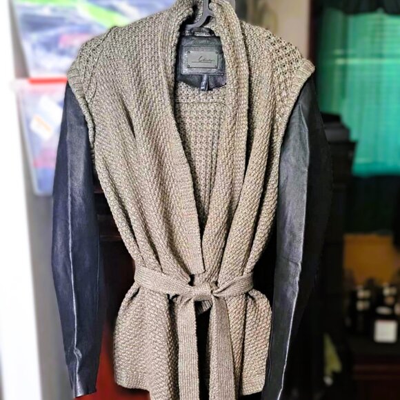 Line Women Luxury Sweaters Cardigans w/ Genuine Leather Sleeves - Picture 3 of 7